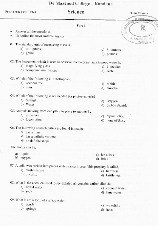 2024 Grade 06 Science First Term Test Paper PDF in English Medium