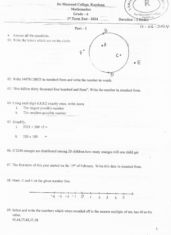 2024 Grade 06 Mathematics First Term Test Paper PDF in English Medium