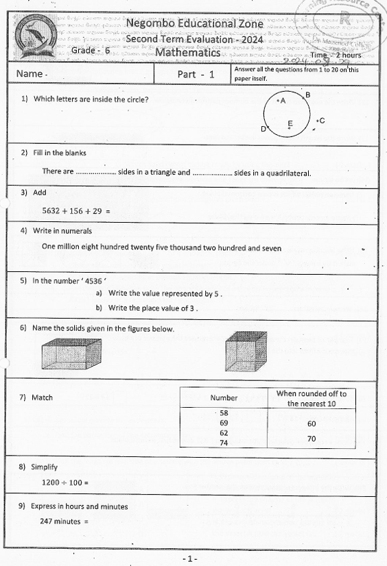 2024 Grade 06 Mathematics Second Term Test Paper PDF in English Medium
