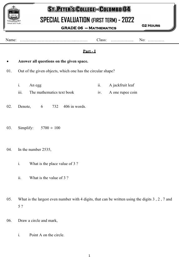 2022 Grade 06 Mathematics First Term Test Paper PDF in English Medium