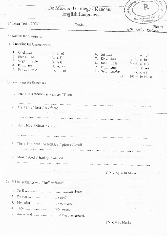 2024 Grade 06 English First Term Test Paper PDF