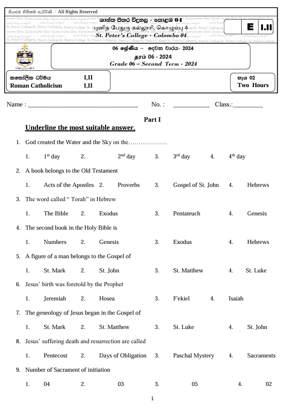 2024 Grade 06 Catholic Second Term Test Paper PDF in English Medium