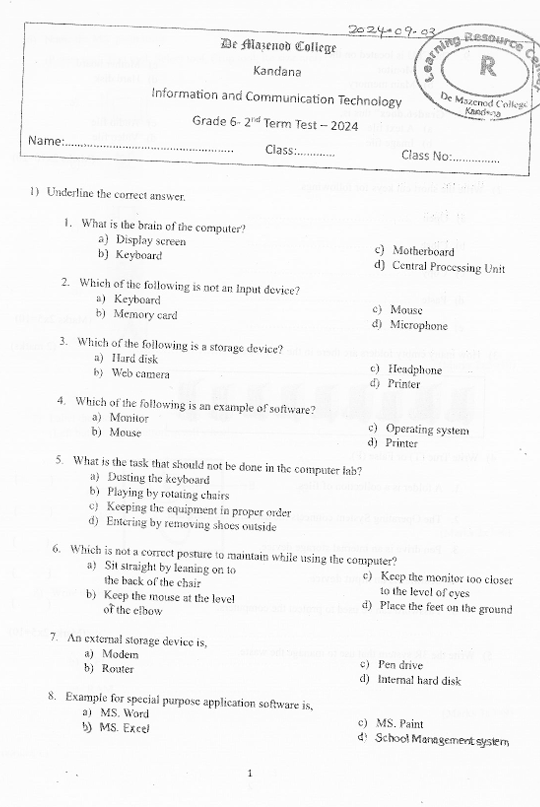 2024 Grade 06 ICT Second Term Test Paper PDF in English Medium