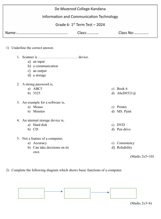2024 Grade 06 ICT First Term Test Paper PDF in English Medium