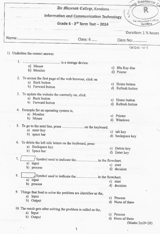 2024 Grade 06 ICT Third Term Test Paper PDF in English Medium