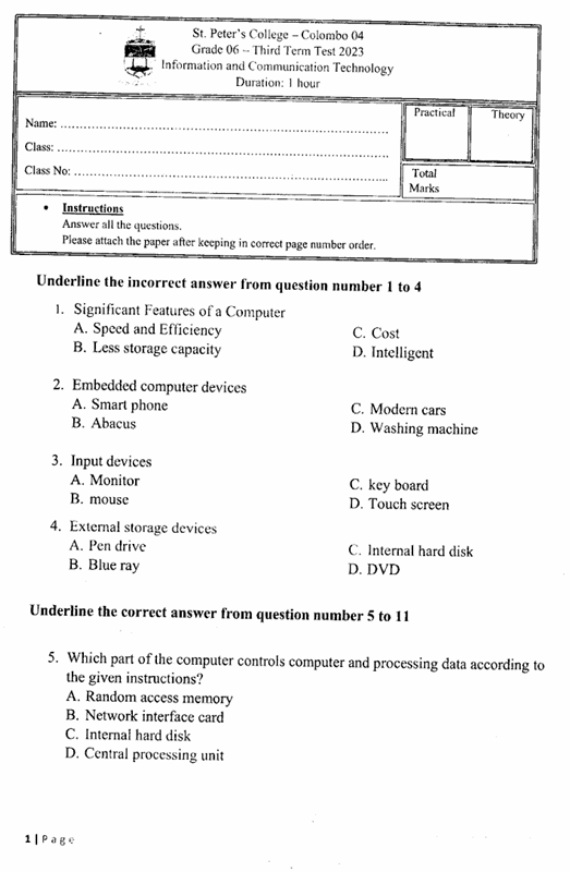 2023 Grade 06 ICT Third Term Test Paper PDF in English Medium