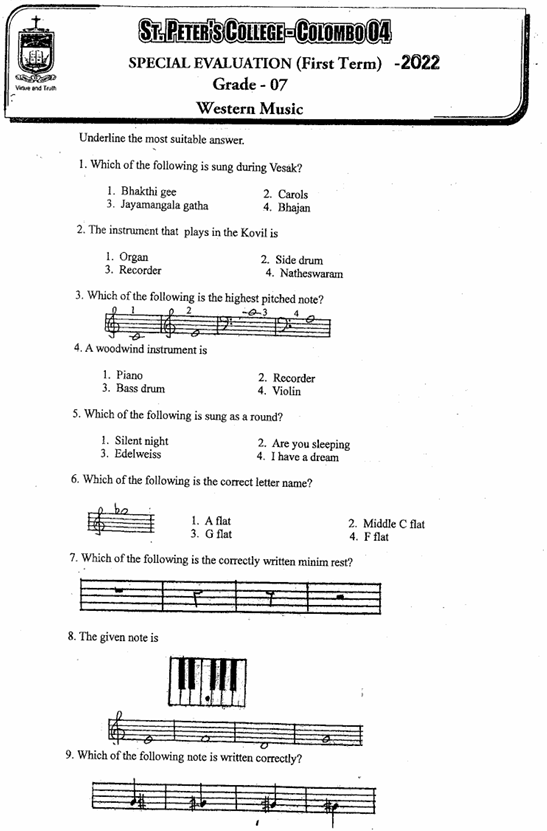 2022 Grade 07 Western Music First Term Test Paper PDF
