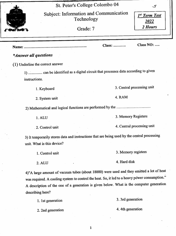 2022 Grade 07 ICT First Term Test Paper PDF in English Medium