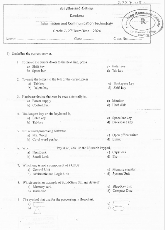 2024 Grade 07 ICT Second Term Test Paper PDF in English Medium