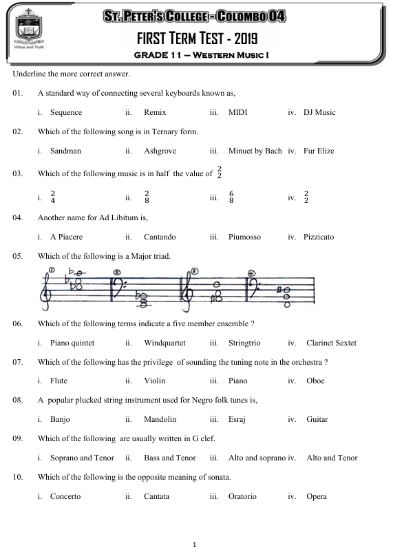2019 Grade 11 Western Music First Term Test Paper PDF