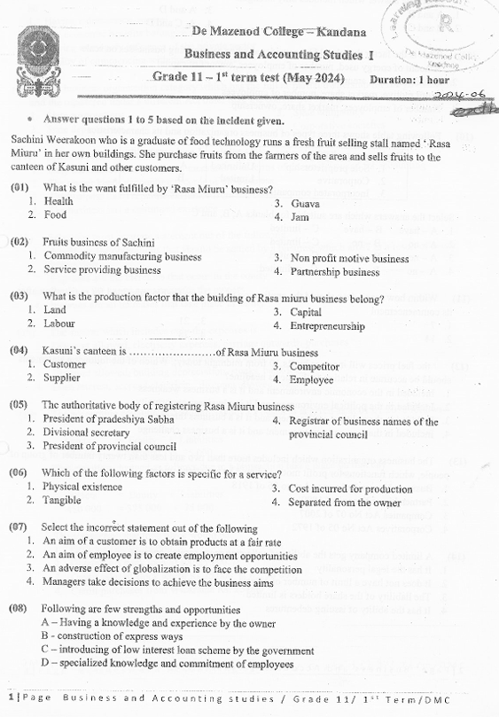 2024 Grade 11 Business Studies First Term Test Paper PDF in English Medium