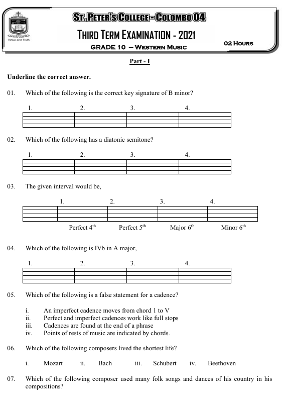 2021 Grade 10 Western Music Third Term Test Paper PDF