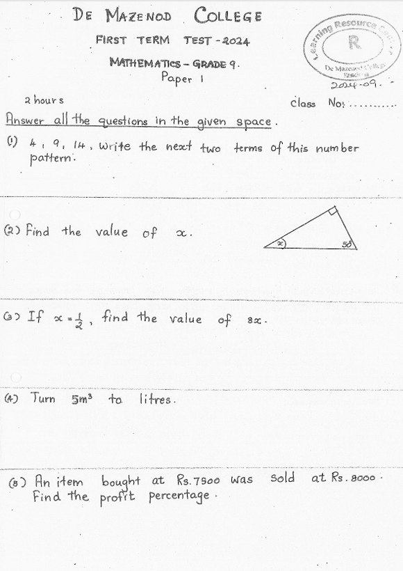 2024 Grade 09 Mathematics First Term Test Paper PDF in English Medium