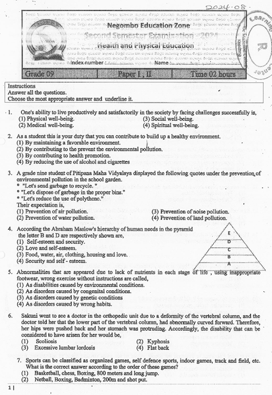 2024 Grade 09 Health Second Term Test Paper PDF in English Medium