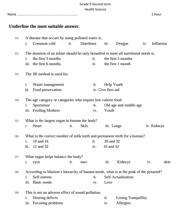 2024 Grade 09 Health Second Term Test Paper PDF in English Medium