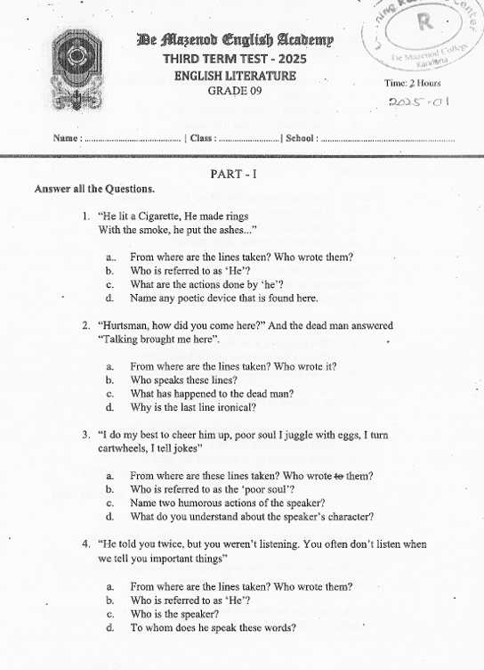 2025 Grade 09 English Literature Third Term Test Paper PDF