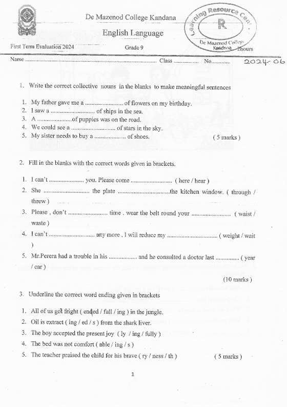 2024 Grade 09 English First Term Test Paper PDF