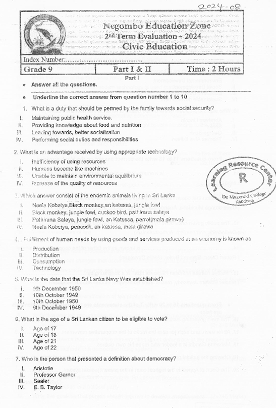2024 Grade 09 Civic Education Second Term Test Paper PDF in English Medium