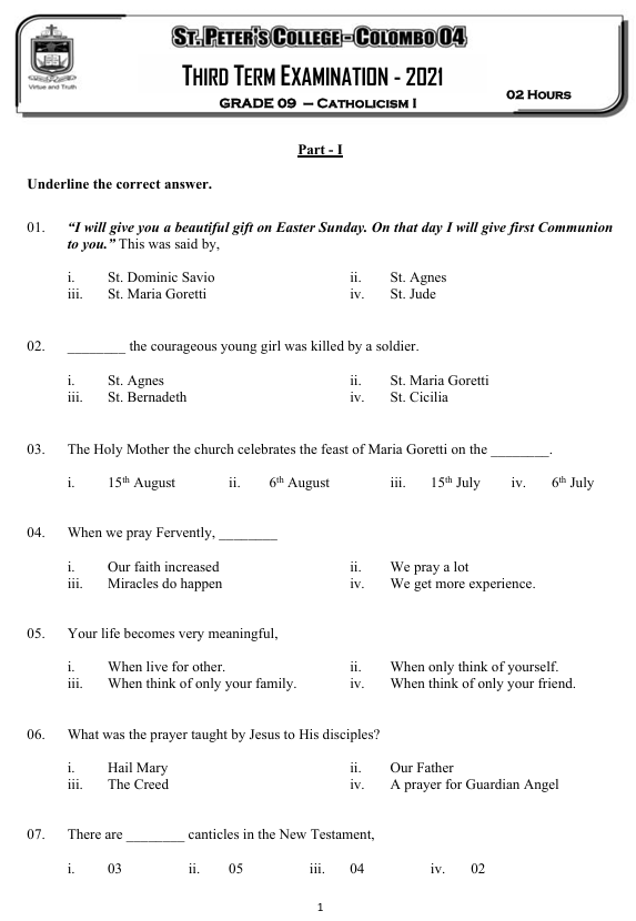2021 Grade 09 Catholic Third Term Test Paper PDF in English Medium