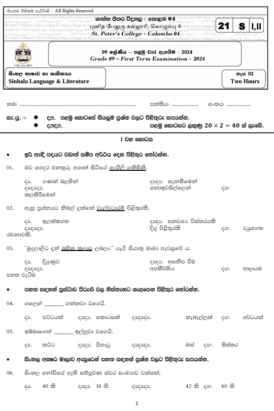 2024 Grade 09 Sinhala First Term Test Paper PDF