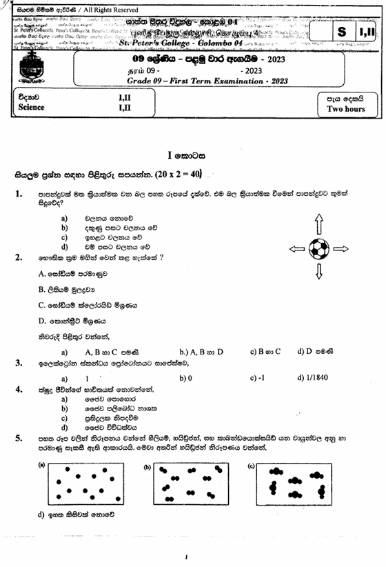 2023 Grade 09 Science First Term Test Paper PDF in Sinhala Medium