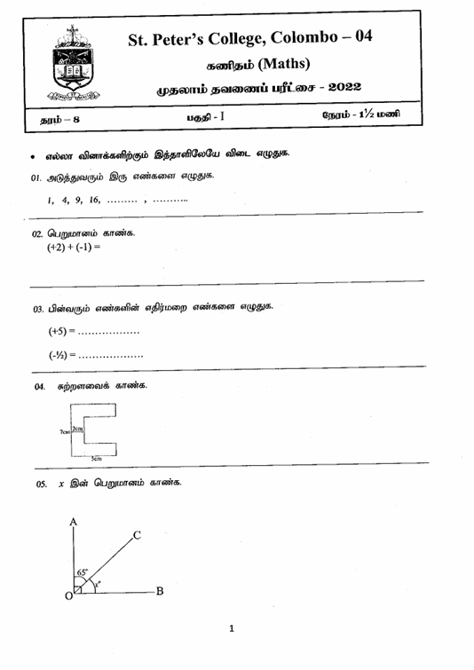 2022 Grade 08 Mathematics First Term Test Paper PDF in Tamil Medium