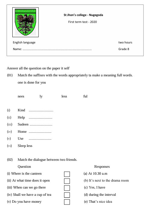 2020 Grade 08 English First Term Test Paper PDF