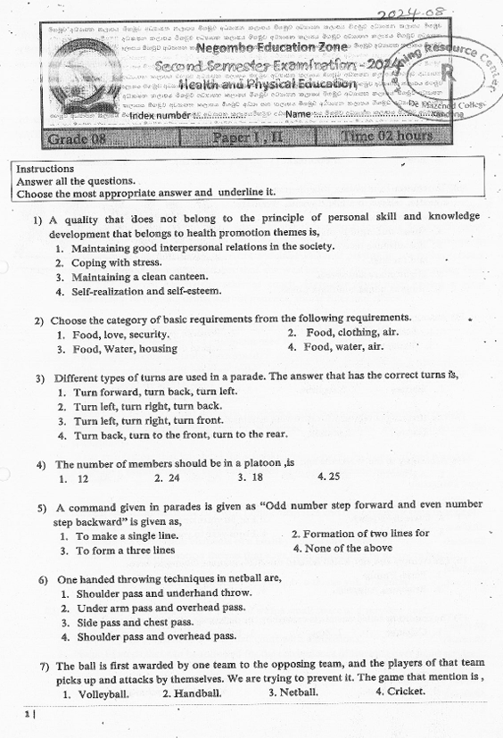 2024 Grade 08 Health Second Term Test Paper PDF in English Medium