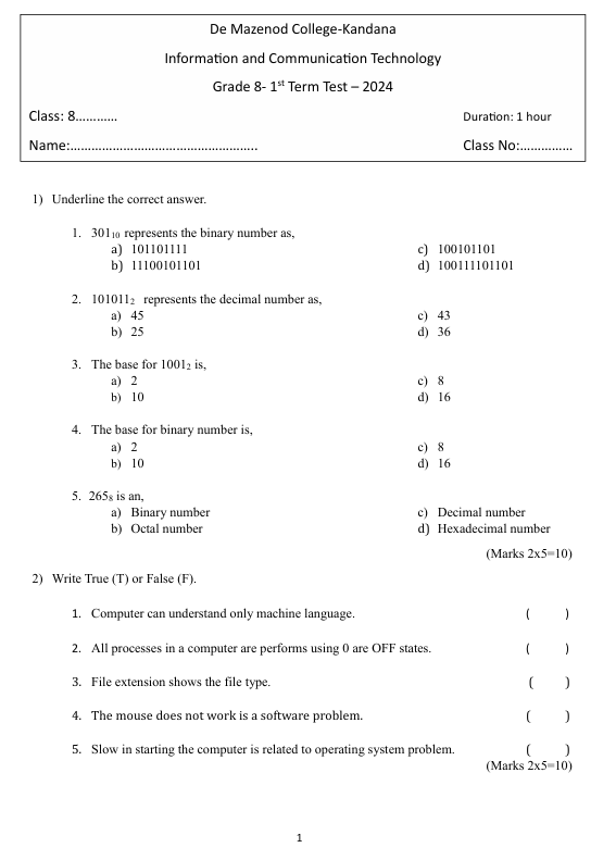 2024 Grade 08 ICT First Term Test Paper PDF in English Medium