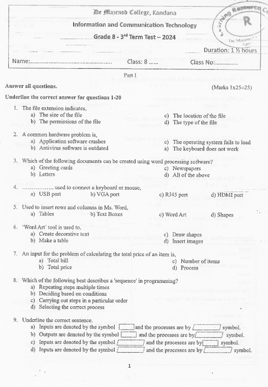 2024 Grade 08 ICT Third Term Test Paper PDF in English Medium