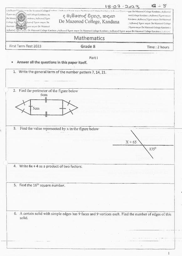 2023 Grade 08 Mathematics First Term Test Paper PDF in English Medium
