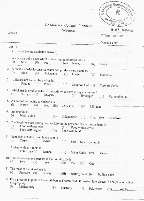 2023 Grade 08 Science First Term Test Paper PDF in English Medium