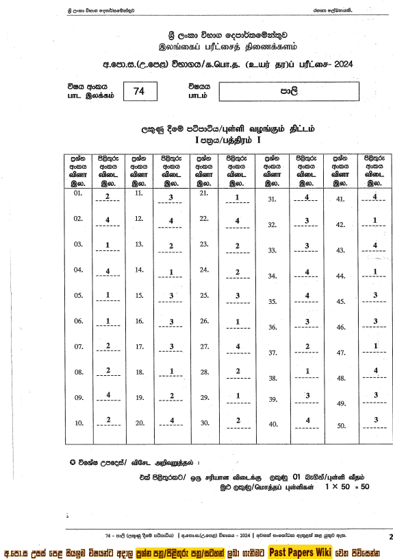 2024 A/L Pali past paper answers PDF