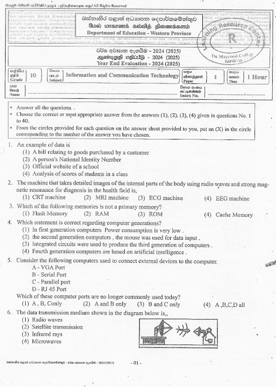 2024 Grade 10 ICT Third Term Test Paper PDF In English Medium