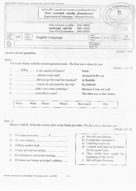 2024 Grade 09 English Third Term Test Paper PDF
