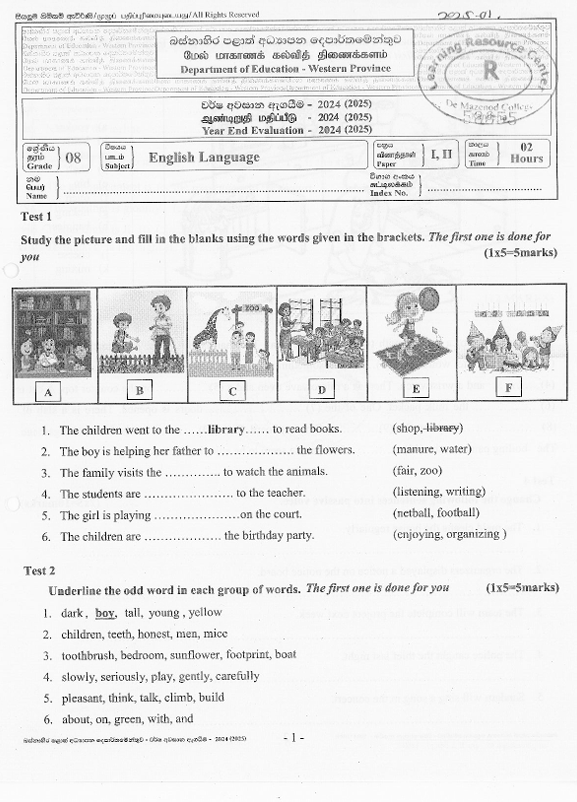 2024 Grade 08 English Third Term Test Paper PDF