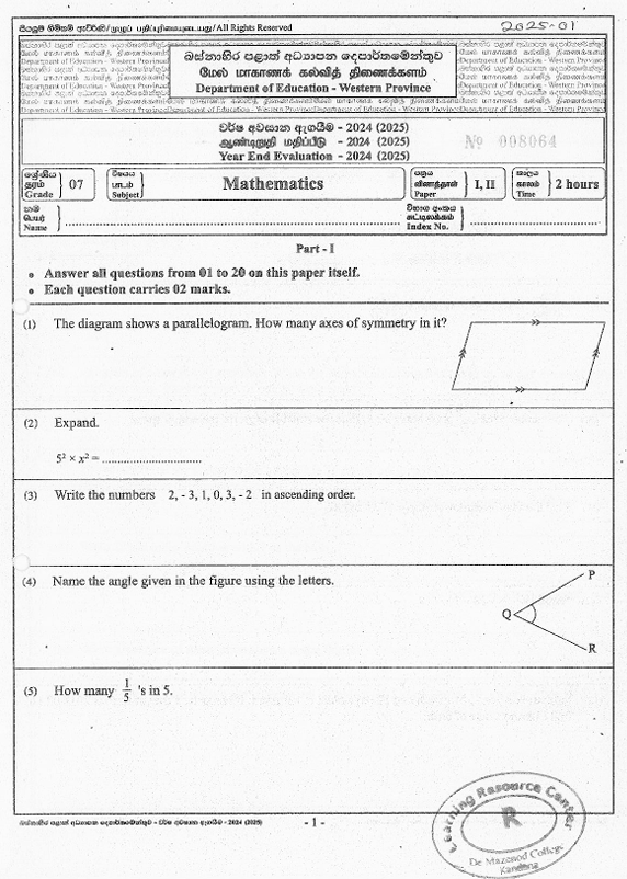 2024 Grade 07 Mathematics Third Term Test Paper PDF In English Medium