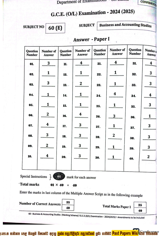 G.C.E. Ordinary Level Business and Accounting Studies Past Paper Answers 2024(2025) in English Medium