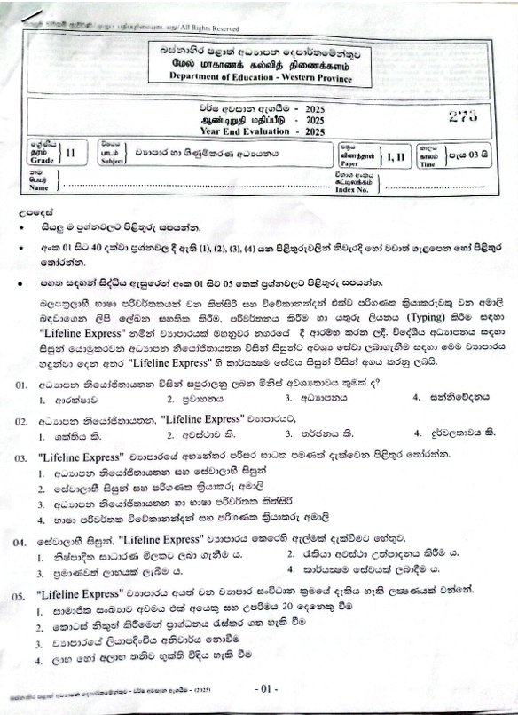2025 Grade 11 Business Studies Third Term Test Paper PDF With Answers In Sinhala Medium