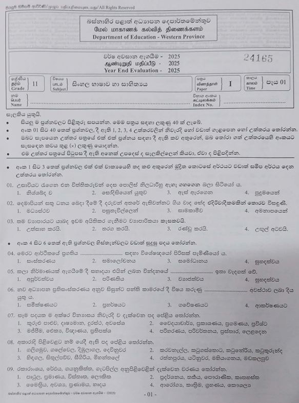 2025 Grade 11 Sinhala Third Term Test Paper PDF With Answers