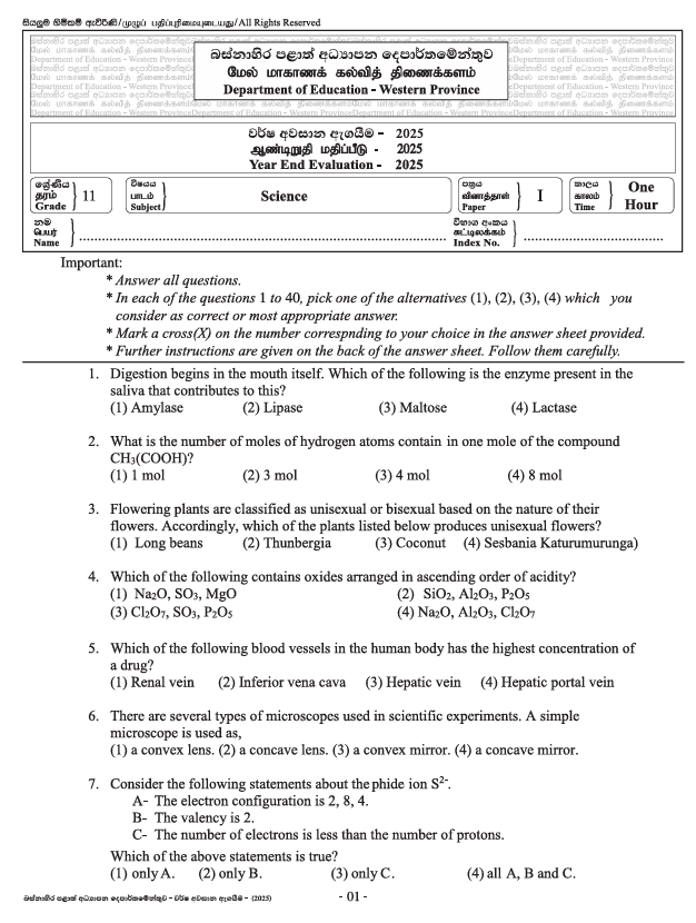 2025 Grade 11 Science Third Term Test Paper PDF In English Medium