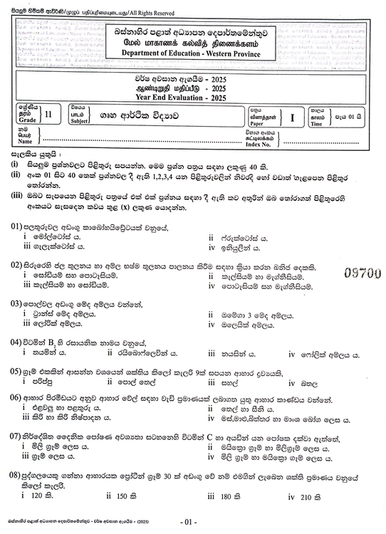 2025 Grade 11 Home Economics Third Term Test Paper PDF With Answers In Sinhala Medium