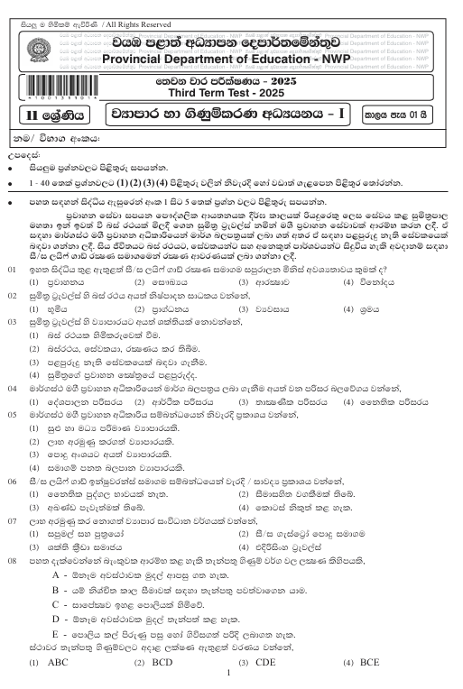 2025 Grade 11 Business Studies Third Term Test Paper PDF with Answers In Sinhala Medium