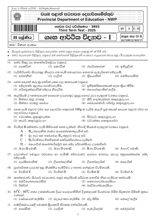 2025 Grade 11 Home Economics Third Term Test Paper PDF with Answers In Sinhala Medium