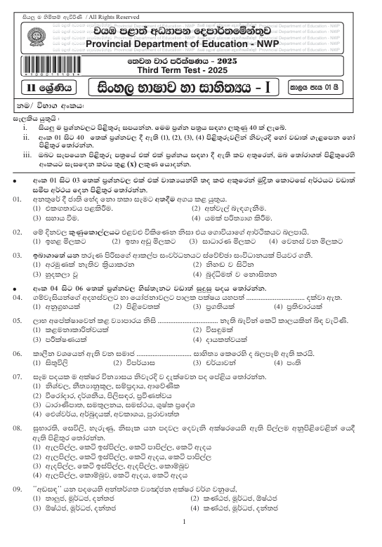 2025 Grade 11 Sinhala Third Term Test Paper PDF with Answers