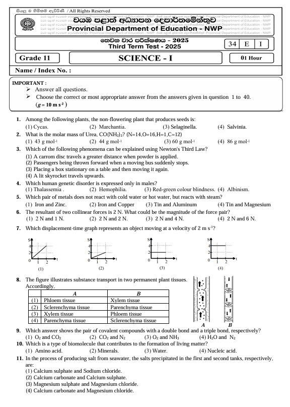 2025 Grade 11 Science Third Term Test Paper PDF With Answers in English Medium