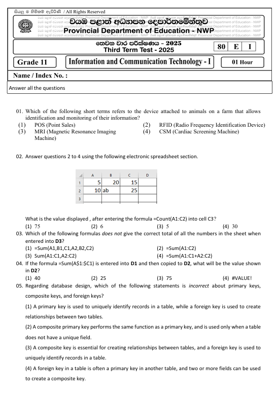 2025 Grade 11 ICT Third Term Test Paper PDF With Answers in English Medium