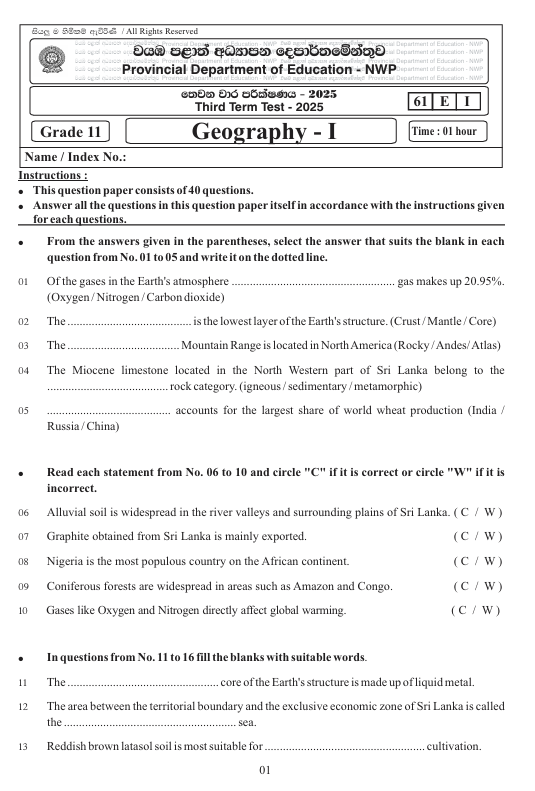 2025 Grade 11 Geography Third Term Test Paper PDF With Answers in English Medium