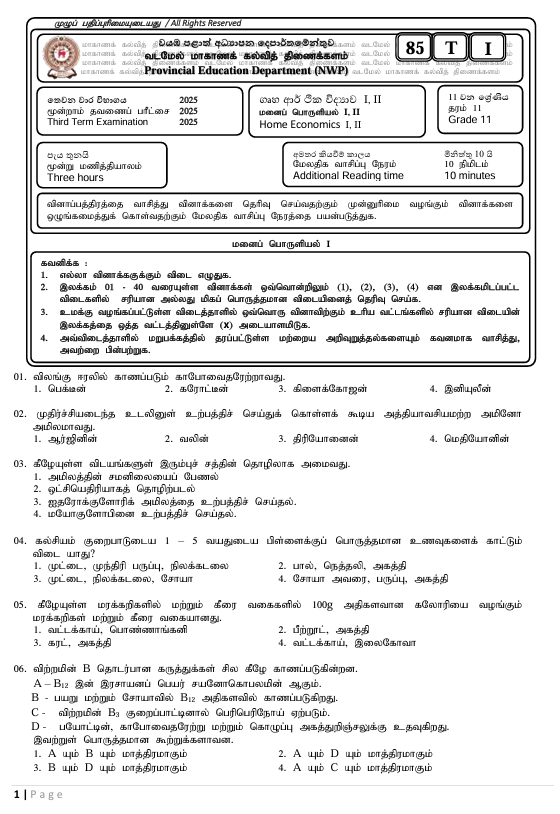 2025 Grade 11 Home Economics Third Term Test Paper PDF With Answers in Tamil Medium