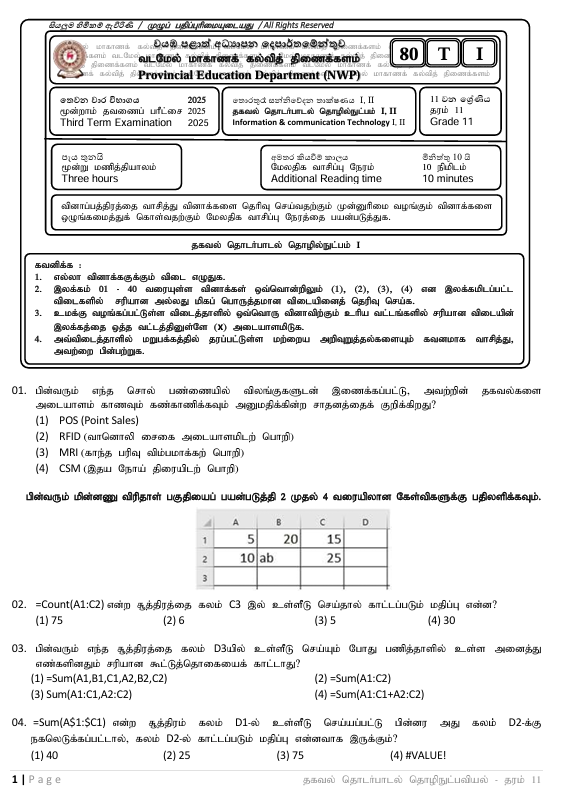 2025 Grade 11 ICT Third Term Test Paper PDF in Tamil Medium